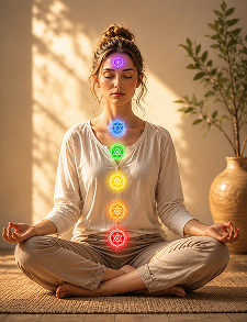 Person meditating with chakra glow