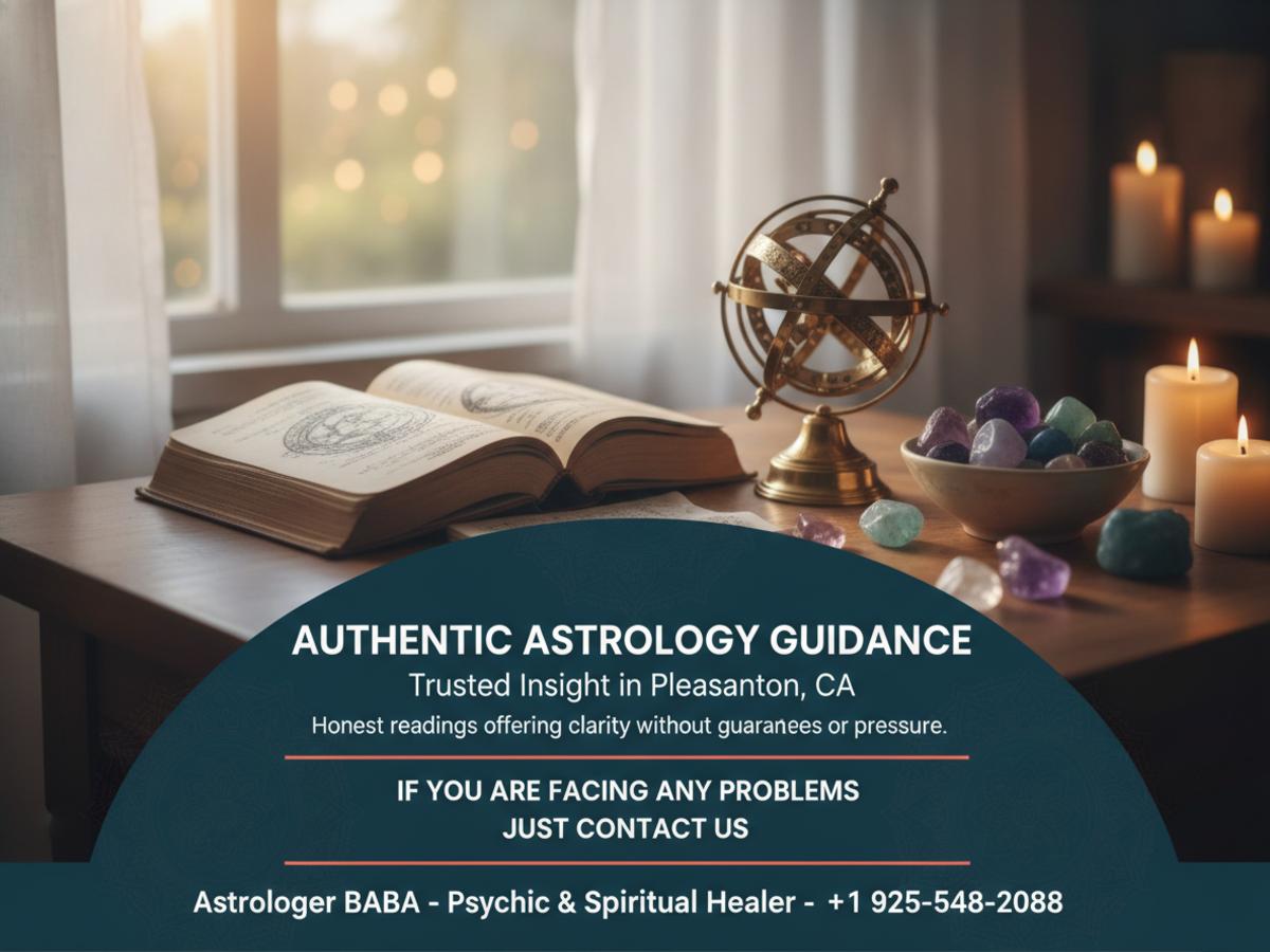 Indian astrologer reading materials on desk in Pleasanton, CA office