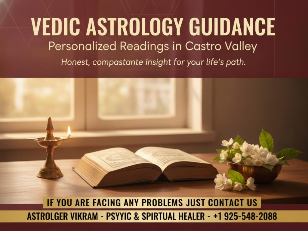 Vedic astrologer study materials on desk in Castro Valley room