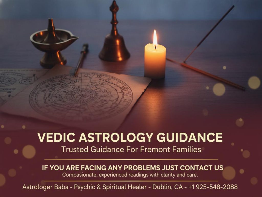Vedic astrologer tools and charts in warm light Fremont CA
