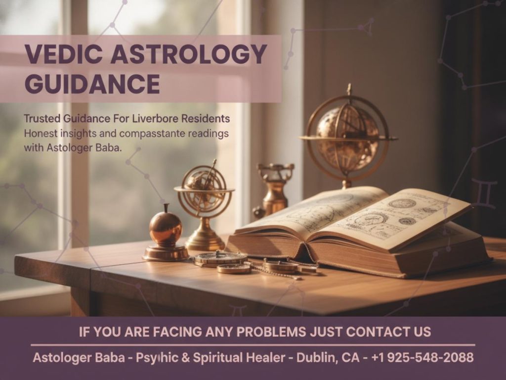 Vedic astrologer tools on wooden table with natural light in Livermore, CA