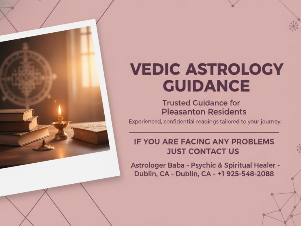 Vedic astrologer reading setup with books and lamp Pleasanton CA