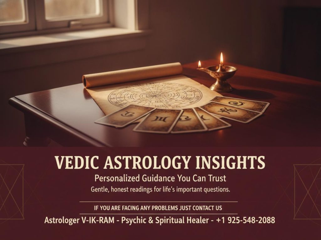 Vedic astrologer tools and birth chart on table in Walnut Creek